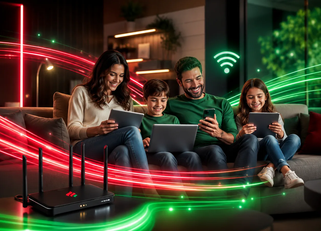 Família conectada em casa com internet Hotlandia